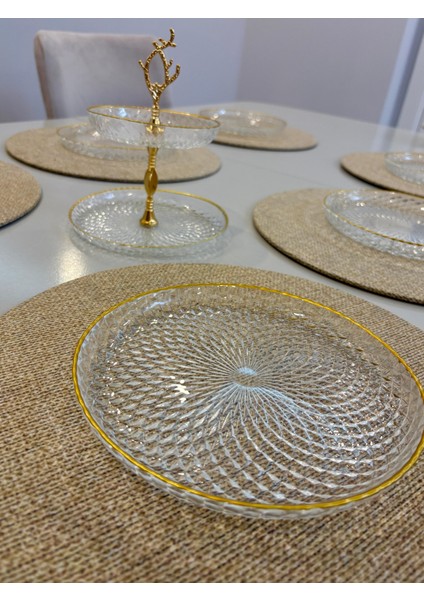 Altın Yaldızlı Pasta Seti ve 2 Katlı Kurabiye Sunum Standı – 19 cm Şık Tasarım 6 Adet Pasta Tabağı, Misafir Sunumları Için Zarif Seçim indirimleri