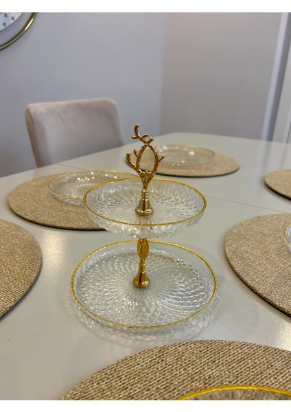 Altın Yaldızlı Pasta Seti ve 2 Katlı Kurabiye Sunum Standı – 19 cm Şık Tasarım 6 Adet Pasta Tabağı, Misafir Sunumları Için Zarif Seçim
