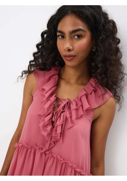 Marqi̇ Elbi̇se V-Yaka Sıfır Kol Diz Boy Regular Fit Pembe Renk Elbise modelleri