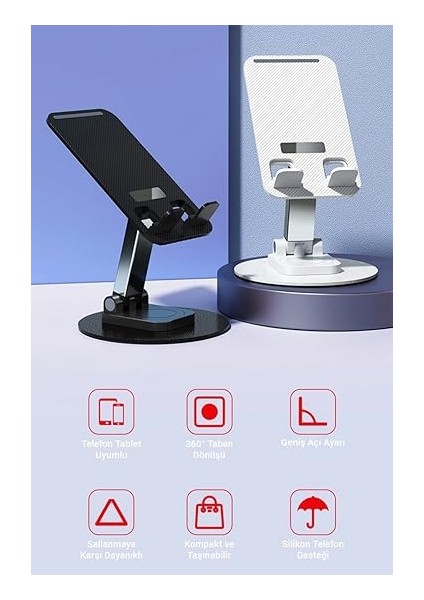 Alüminyum Tablet ve Telefon Standı, 360 Derece Ayarlanabilir Dönme Özelliği, Çok Amaçlı Masaüstü Dock Tutucu (Siyah) fiyatları