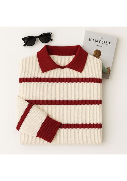 -Kadın Selanik Örgü Polo Yakalı Renkli Çizgili Oversize Basic Kazak