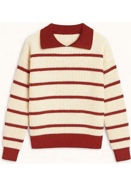 -Kadın Selanik Örgü Polo Yakalı Renkli Çizgili Oversize Basic Kazak fiyatları