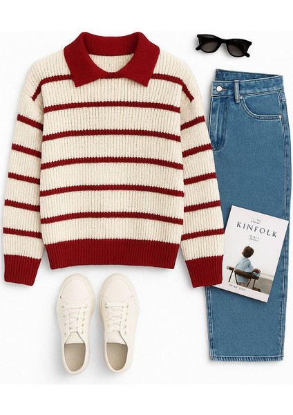 -Kadın Selanik Örgü Polo Yakalı Renkli Çizgili Oversize Basic Kazak modelleri