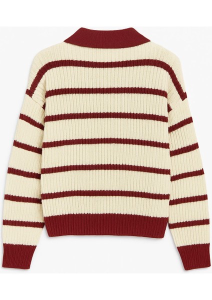 -Kadın Selanik Örgü Polo Yakalı Renkli Çizgili Oversize Basic Kazak fırsatları