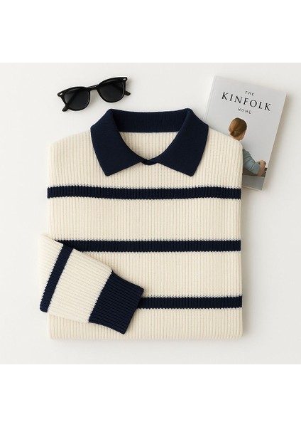 -Kadın Selanik Örgü Polo Yakalı Renkli Çizgili Oversize Basic Kazak