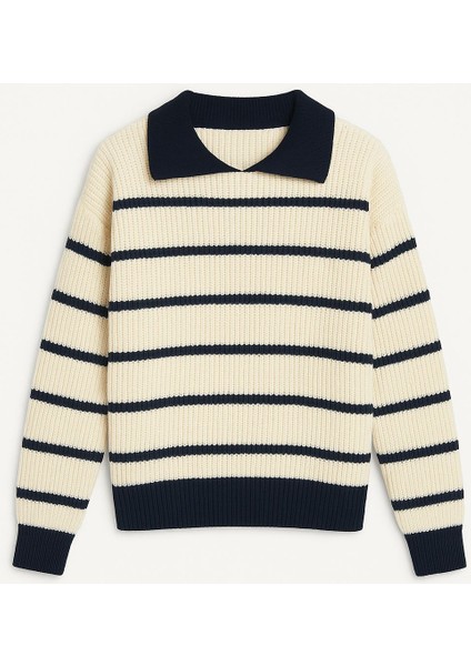 -Kadın Selanik Örgü Polo Yakalı Renkli Çizgili Oversize Basic Kazak fiyatları