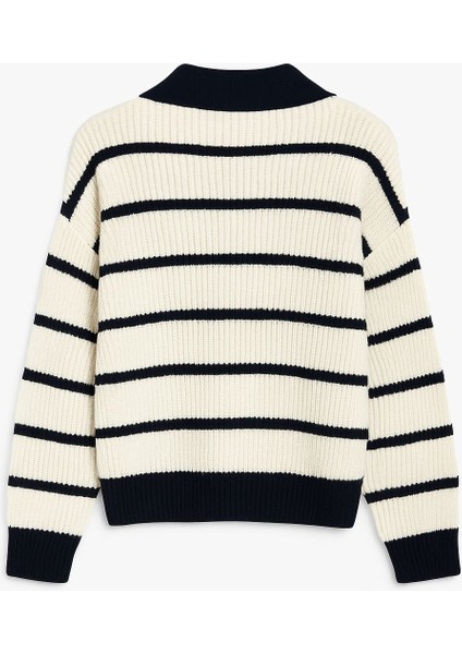 -Kadın Selanik Örgü Polo Yakalı Renkli Çizgili Oversize Basic Kazak modelleri