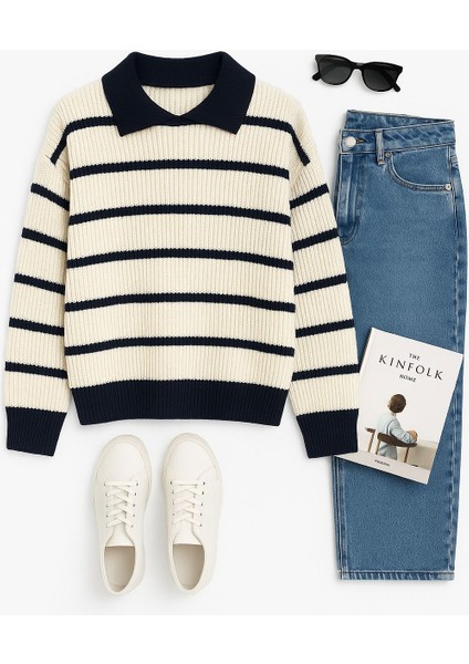 -Kadın Selanik Örgü Polo Yakalı Renkli Çizgili Oversize Basic Kazak fırsatları