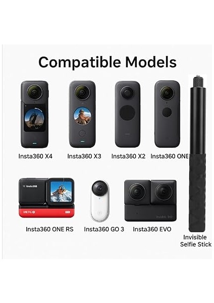 114CM Görünmez Selfie Çubuğu, INSTA360 X3, X2, X4, X5, One Rs, Go 3, One, One X, Evo ile Uyumlu, 180 gr Alüminyum Katlanabilir Uzatma Çubuğu, 1/4” Vidalı Bağlantı, 360° Görünmez Çekim, Siyah fiyatları