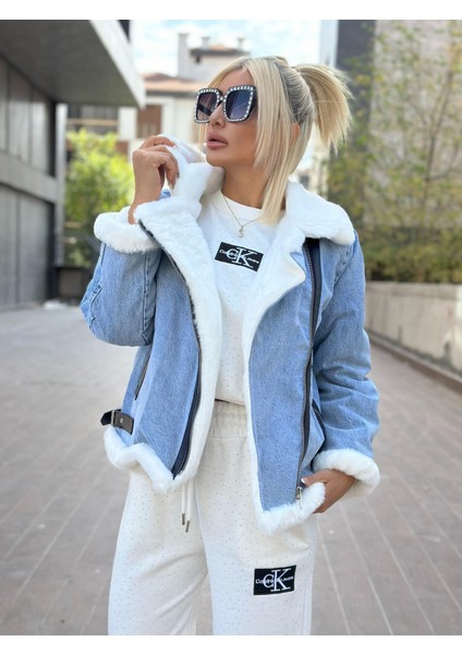 99087 Peluş Kürk Detaylı Jean Ceket Mavi modelleri