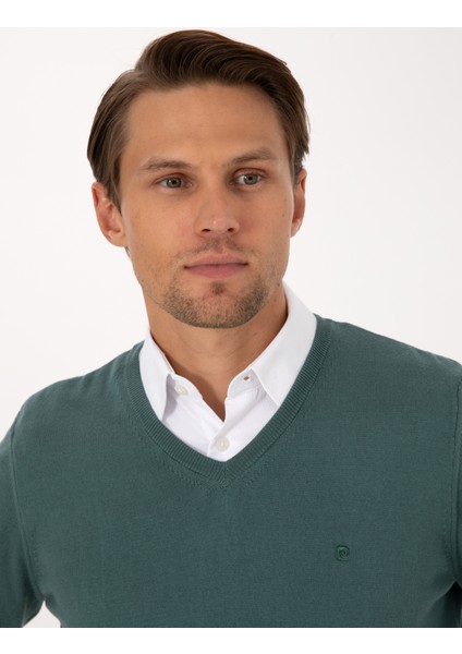 Erkek Yeşil Slim Fit V Yaka Basic Triko Kazak 50314190-VR054 fiyatları