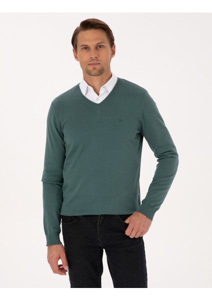 Erkek Yeşil Slim Fit V Yaka Basic Triko Kazak 50314190-VR054 modelleri