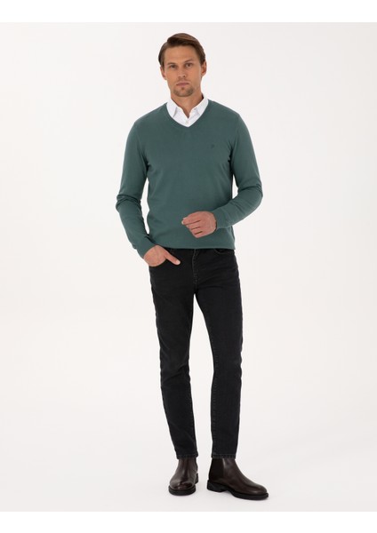Erkek Yeşil Slim Fit V Yaka Basic Triko Kazak 50314190-VR054 fırsatları