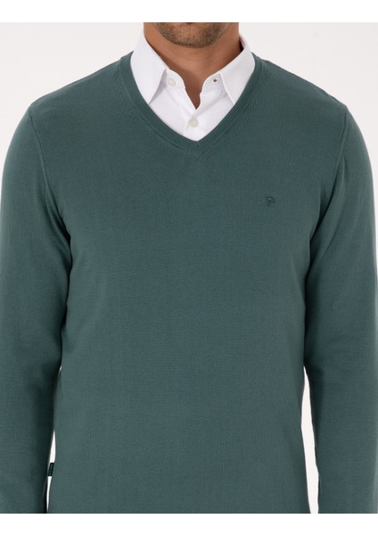 Erkek Yeşil Slim Fit V Yaka Basic Triko Kazak 50314190-VR054