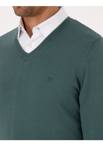 Erkek Yeşil Slim Fit V Yaka Basic Triko Kazak 50314190-VR054