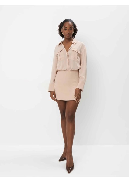 Sanc Elbi̇se Gömlek Yaka Kısa Boy Regular Fit Krem Renk Elbise