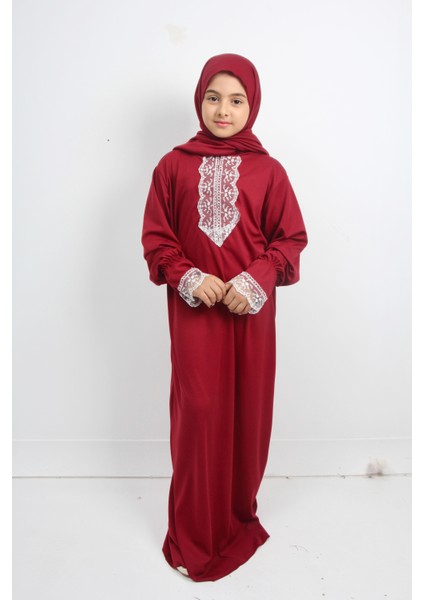 Kız Çocuk Düz Renk Dantelli Kendinden Kapşönlü Namaz Elbisesi fırsatları