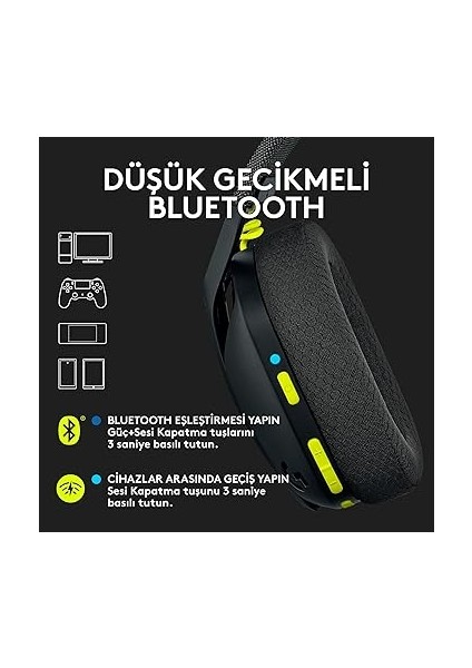 G G435 Lightspeed Kablosuz Kulak Üstü Oyuncu Kulaklığı, Bluetooth, Dahili Mikrofon, 40 mm Ses Sürücüleri, 165 Gr, 18 Saat Pil Ömrü, Siyah modelleri