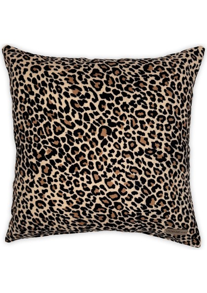 Leopar Bej Süet Dijital Baskılı Kare Dekoratif Kırlent Kılıfı - Çift Taraflı Bej Renk 45X45