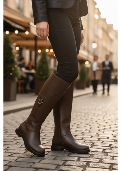 Hulbery Kahverengi Deri ( 3,5 cm Topuk Boyu) Yanı Tokalı Günlük Kadın Çizme