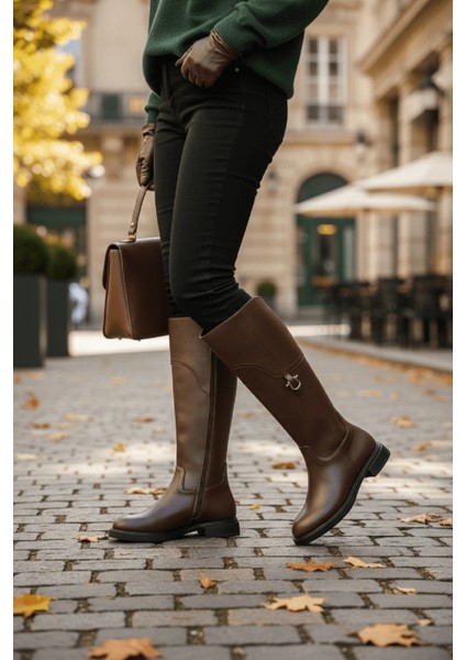 Hulbery Kahverengi Deri ( 3,5 cm Topuk Boyu) Yanı Tokalı Günlük Kadın Çizme indirimleri