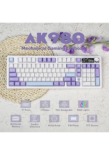 Ajazz AK980 Ekranlı Mekanik Klavye Rgb, Tam Boy Hot-Swap 3 Modlu 8000 Mah Batarya Oyun Klavyesi, Bluetooth /2.4g Kablosuz/type-C Kablolu Mor/gift Switch indirimleri