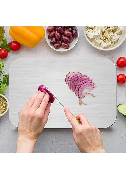 Paslanmaz Çelik Kesme Tahtası Mutfak Piknik Için Inox 304 Kalite Antibakteriyel Küf Tutmaz Sunumluk Kolaytemizlenir Tepsiet Sebze Meyve Doğrama Tahtası Lüks Kesme Matı 24 * 15CM fiyatları