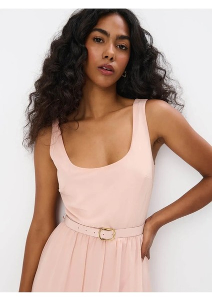 Raos Elbi̇se Geniş Yaka Sıfır Kol Uzun Boy Regular Fit Pudra Renk Elbise modelleri