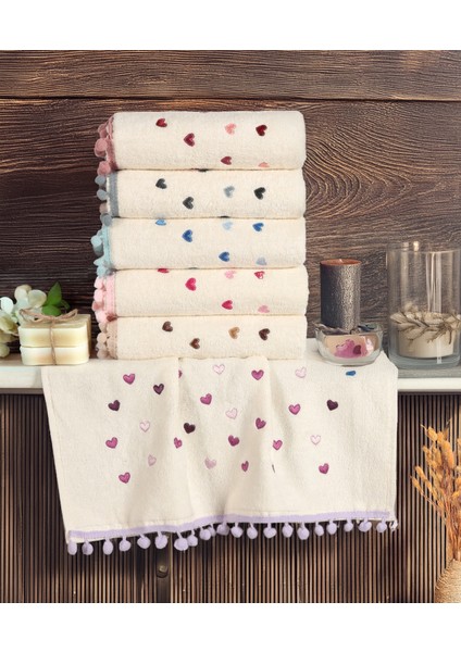 6 Adet Kalp Nakışlı Kadife El Havlusu Ponponlu %100 Pamuk Şık Banyo Seti (50X90 Cm)