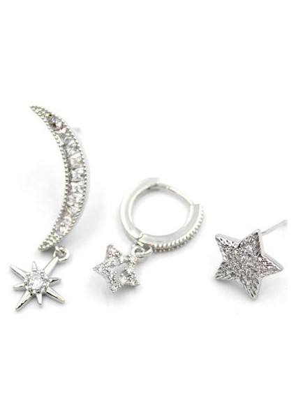 3'lü Hilal Yıldız Küpe - Gümüş