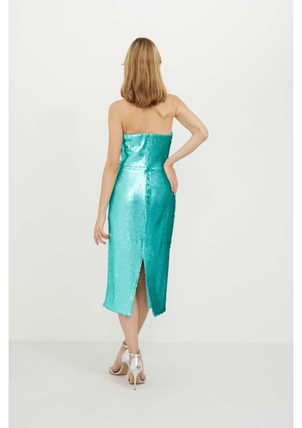 Straplez Çiçek Detaylı Payetli Elbise Mint Y2311335_097