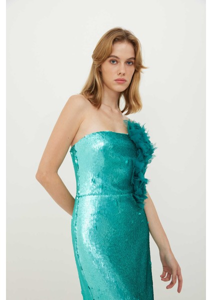 Straplez Çiçek Detaylı Payetli Elbise Mint Y2311335_097