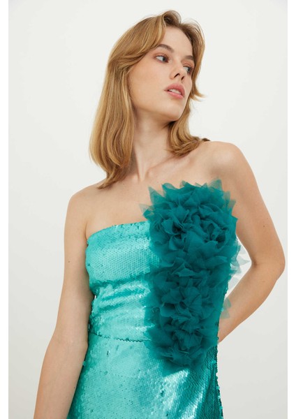 Straplez Çiçek Detaylı Payetli Elbise Mint Y2311335_097