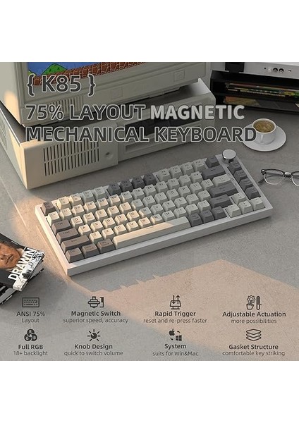 Shark K85 Mekanik Oyun Klavyesi %75 Oranında, Ayarlanabilir Tepki Davranışı, Mıknatıslı Şalter, Apex Pro Tkl Rgb Gasket Klavye A75 Qwerty Döner Düğmeli, Dks/mt/tgl Destekler, Pc/mac Için fiyatları