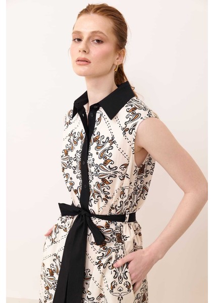 Kolsuz Yırtmaçlı Kuşaklı Elbise Standart Renk Y2311075_089