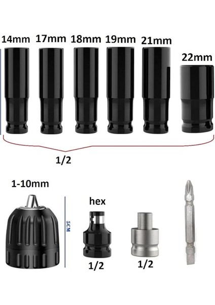 Somun Sökme Sıkma Torklu Makine Için 6lı Lokma Seti ve Bits Adaptör 1/2 Hex Ağır Hizmet Lokma Bijon modelleri