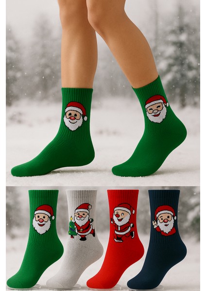 Pamuklu Yılbaşı Christmas Spor Tenis Kolej Çorap 4'lü Paket
