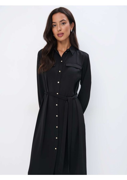 Aquer Elbi̇se Gömlek Yaka Uzun Boy Regular Fit Siyah Renk Elbise