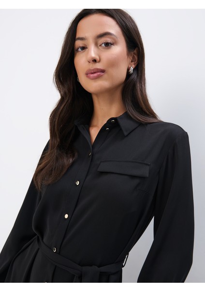 Aquer Elbi̇se Gömlek Yaka Uzun Boy Regular Fit Siyah Renk Elbise fiyatları