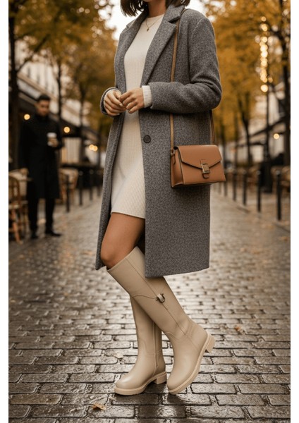 Hulbery Bej Deri ( 3,5 cm Topuk Boyu) Yanı Tokalı Günlük Kadın Çizme