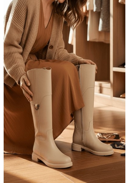 Hulbery Bej Deri ( 3,5 cm Topuk Boyu) Yanı Tokalı Günlük Kadın Çizme fiyatları