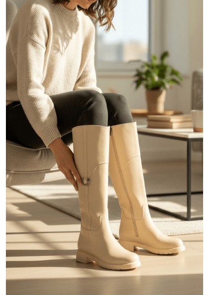 Hulbery Bej Deri ( 3,5 cm Topuk Boyu) Yanı Tokalı Günlük Kadın Çizme modelleri