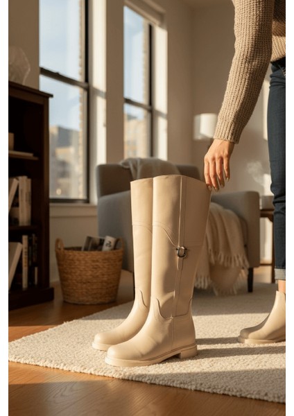 Hulbery Bej Deri ( 3,5 cm Topuk Boyu) Yanı Tokalı Günlük Kadın Çizme fırsatları