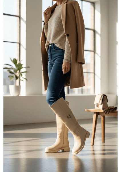 Hulbery Bej Deri ( 3,5 cm Topuk Boyu) Yanı Tokalı Günlük Kadın Çizme indirimleri