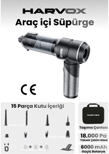 Novarexglobal HVVC-002 Araç Içi Kablosuz Süpürge – 18000PA Brushless Motor