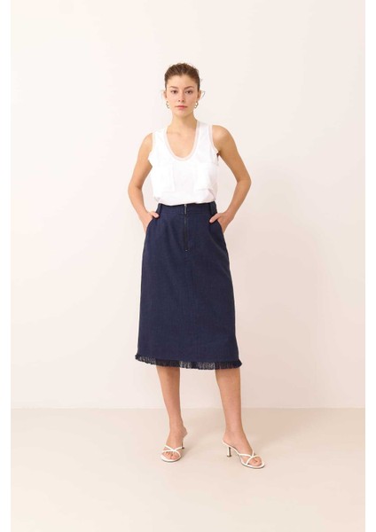 Fermuar Detaylı Cepli Midi Boy Etek Lacivert Y2315008_015