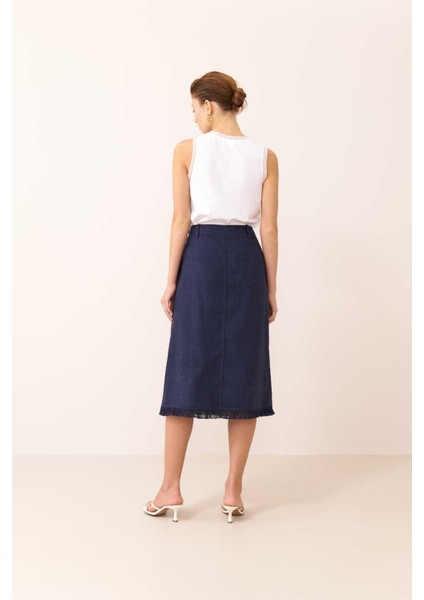 Fermuar Detaylı Cepli Midi Boy Etek Lacivert Y2315008_015