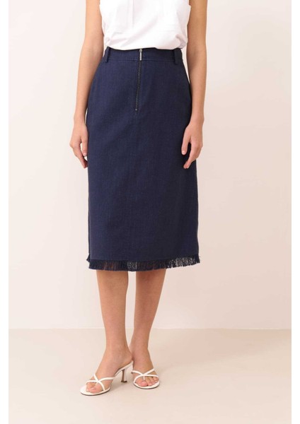 Fermuar Detaylı Cepli Midi Boy Etek Lacivert Y2315008_015