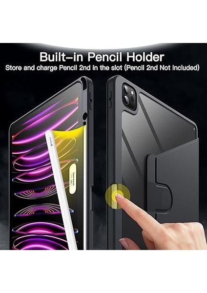 Dönen Kılıf Için iPad Pro 12.9 Inç (2022/2021/2020/2018) ile Pencil Tutucu, 360 Derece Dönebilen Koruyucu Stand Kapağı Şeffaf Arka, Otomatik Uyanma/uyuma (Uzay Grisi) indirimleri