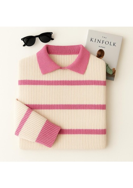 -Kadın Selanik Örgü Polo Yakalı Renkli Çizgili Oversize Basic Kazak